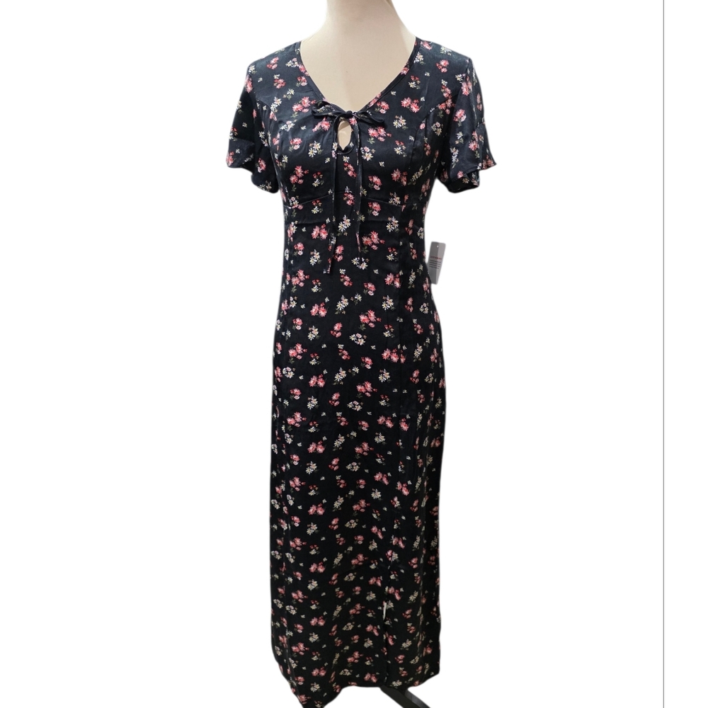 NWT Lucky Brand Black Floral Flutter Sleeve Midi Dress Boho Front Slit Size XS - Picture 5 of 6